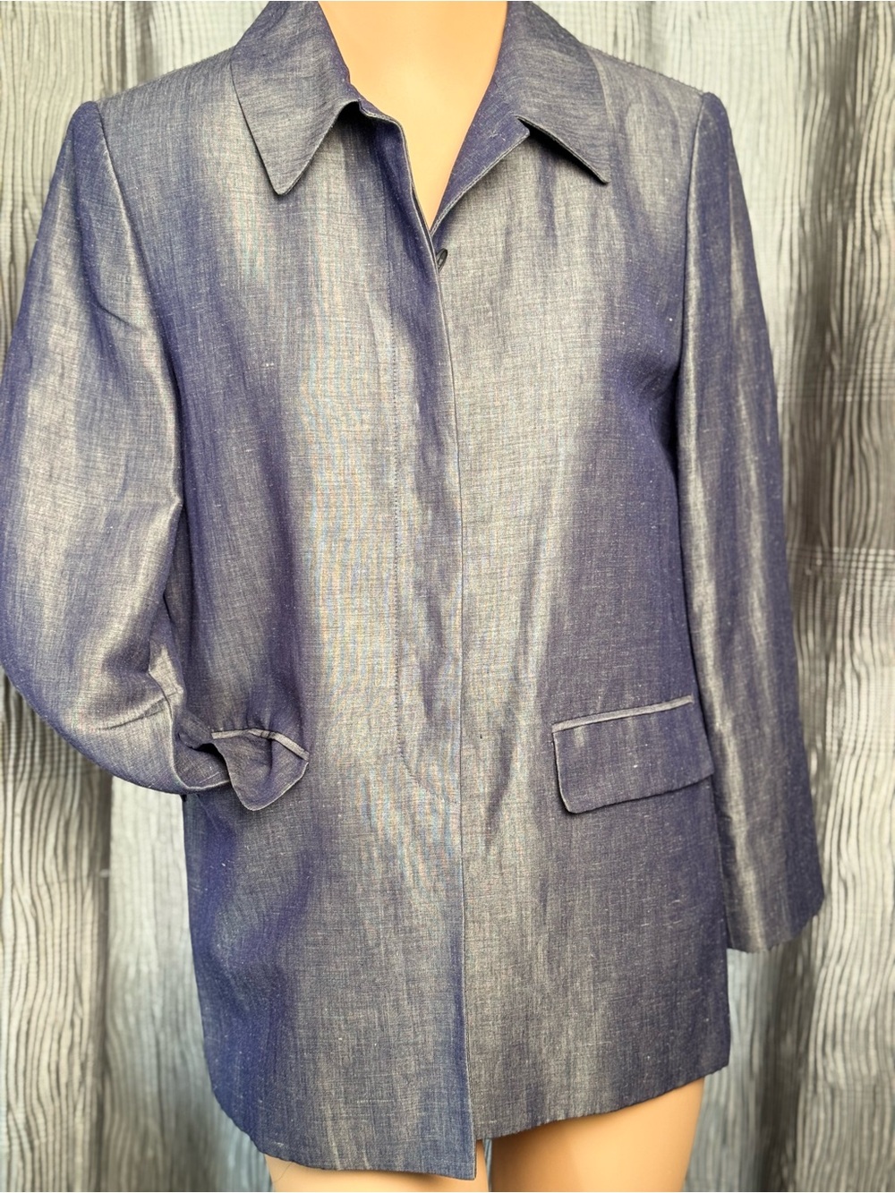 LINDA ALLARD Ellen Tracy Shimmery Navy Metallic-Effect Blazer Jacket Size 6